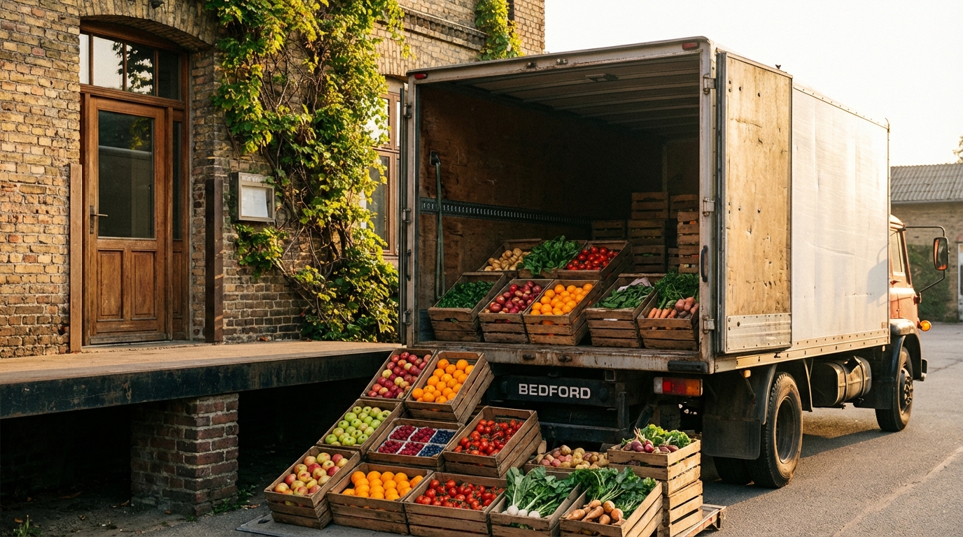 Cajas de frutas y verduras frescas en la entrada de un restaurante