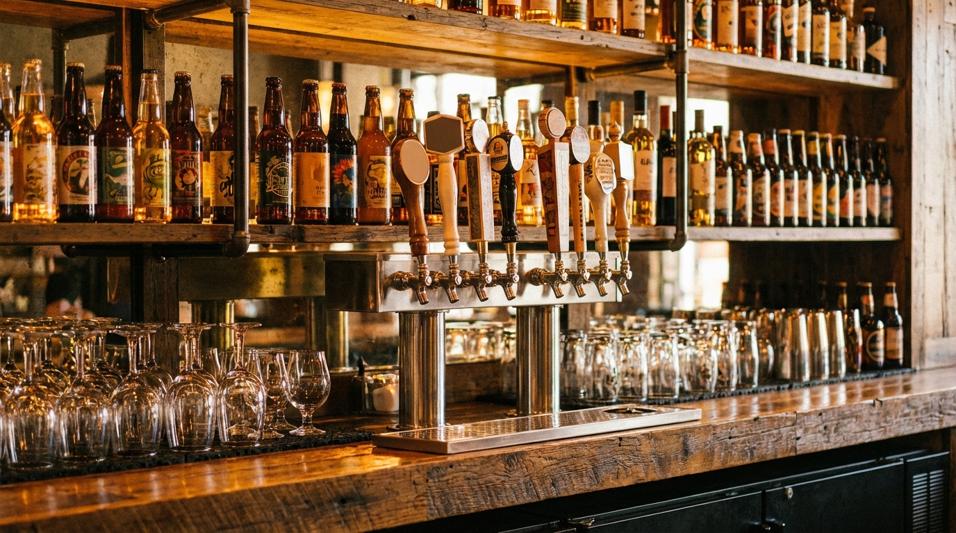 Barra de bar con variedad de cervezas artesanales e industriales