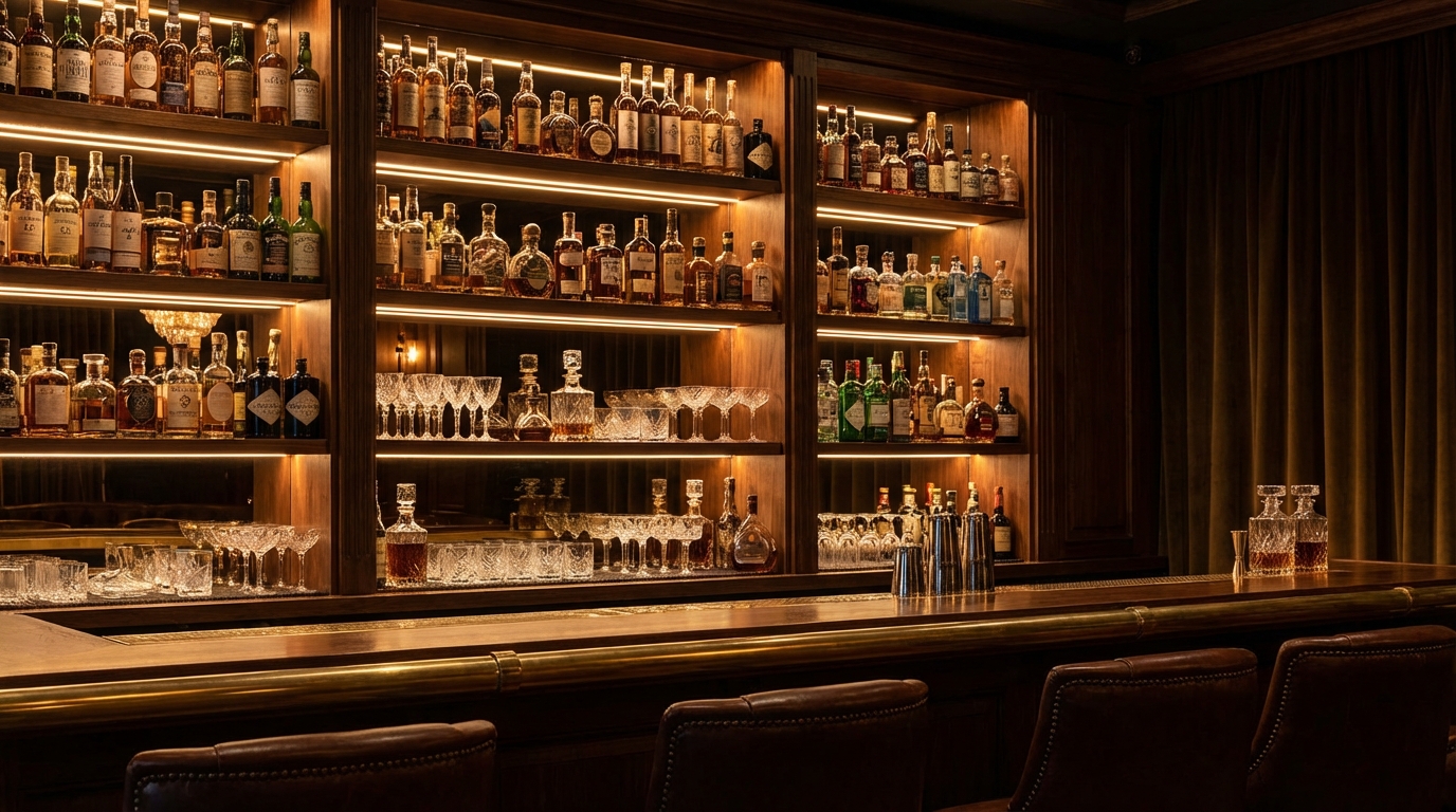Estantería de bar con botellas de licores premium iluminadas