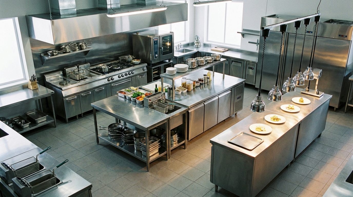 Cocina comercial completamente equipada vista desde arriba