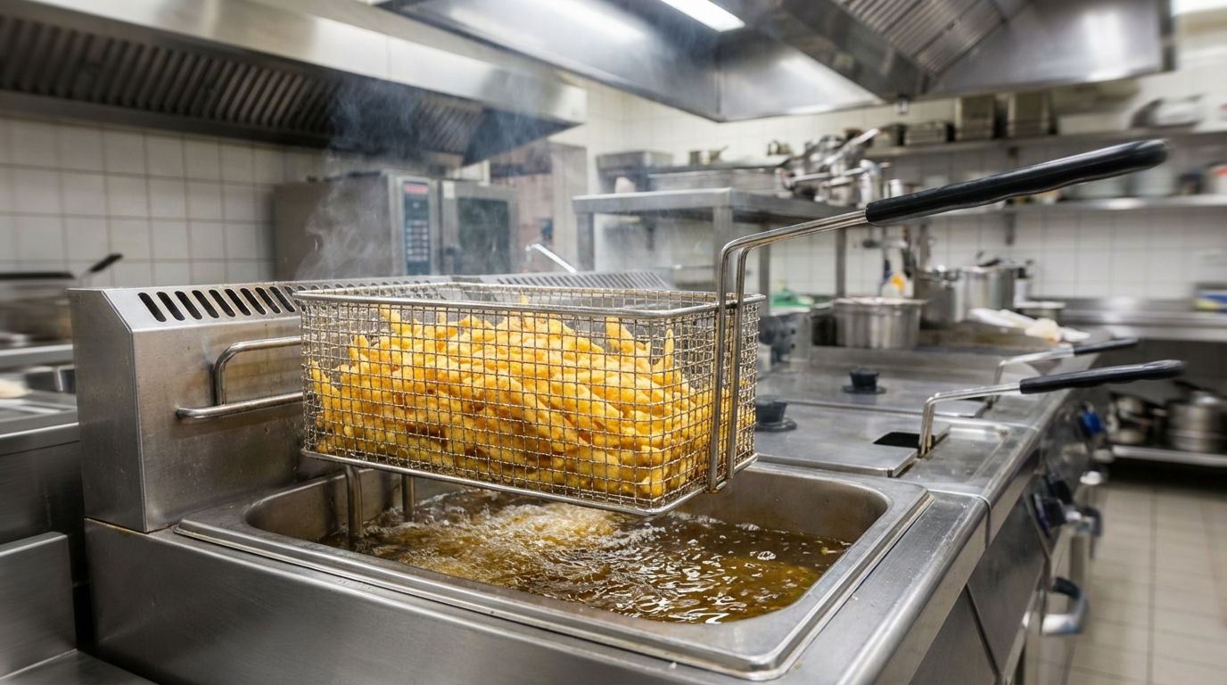 Freidora industrial con papas fritas doradas en un restaurante