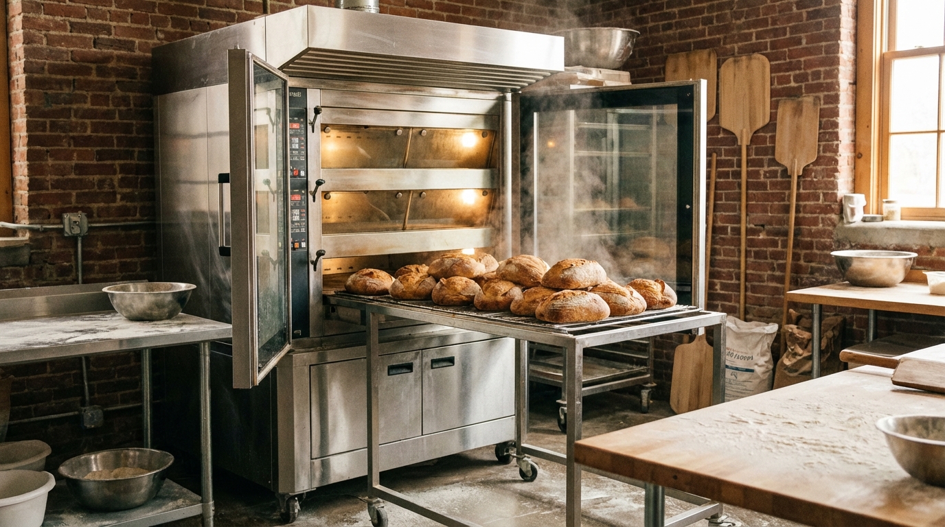 Horno industrial de panadería con pan recién horneado