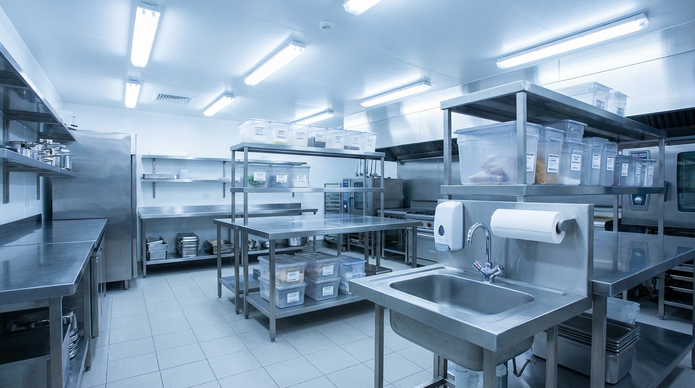 Cocina comercial limpia y organizada cumpliendo normativas sanitarias