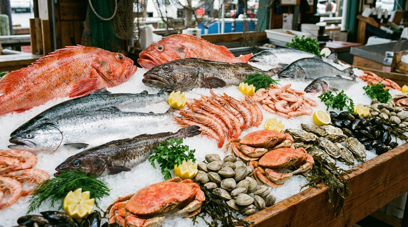 Exhibición de pescados y mariscos frescos sobre hielo