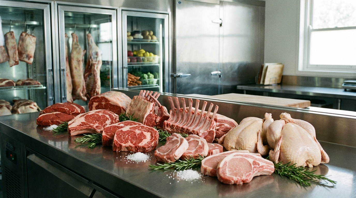 Cortes de carne fresca y pollo en mostrador de acero inoxidable