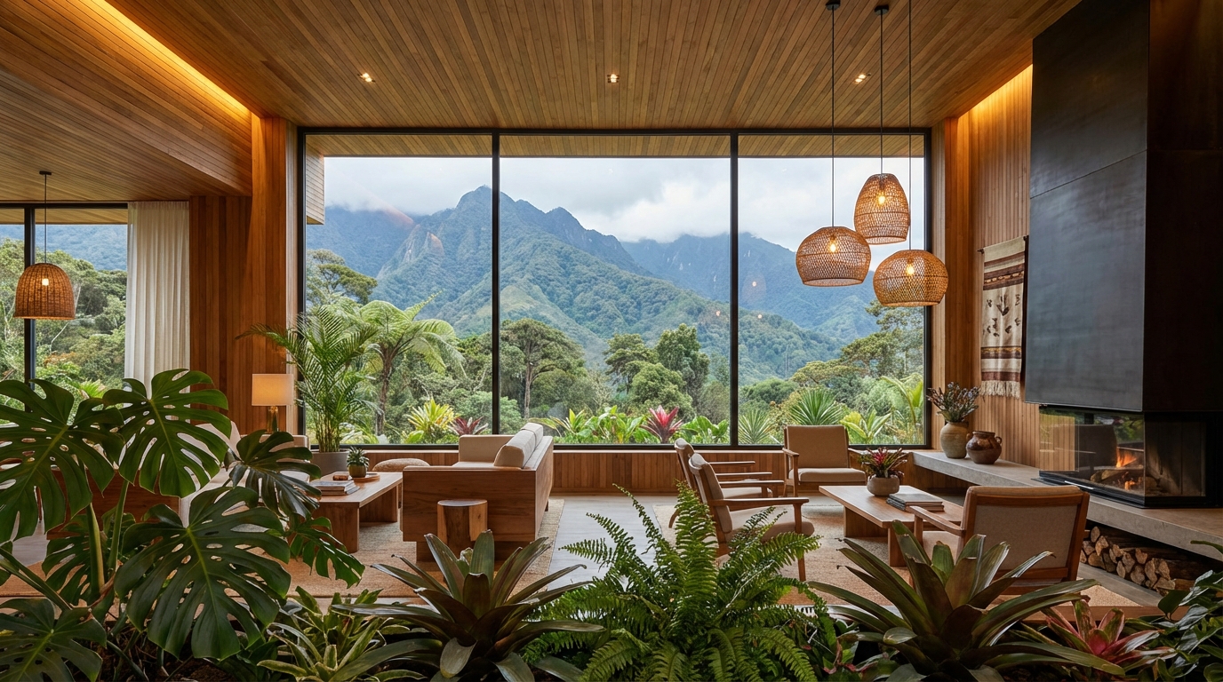 Lobby de hotel boutique moderno con diseño contemporáneo y plantas tropicales